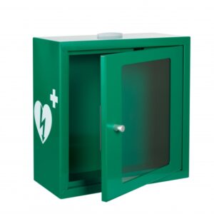 zielono biala szafka aed asb1020 metalowa z zamkiem magnetycznym alarmem dzwiekowym swietlnym green white
