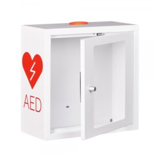 bialo czerwona szafka aed asb1020 metalowa z zamkiem magnetycznym alarmem led white red 37x37x17