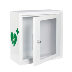 mala bialo zielona szafka aed asb2010 kompaktowa metalowa z zamkiem magnetycznym i alarmem dzwiekowym white green 30x30x13