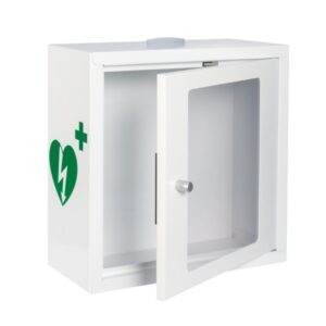 mala biala szafka aed asb2020 kompaktowa metalowa z zamkiem magnetycznym alarmem led white green 30x30x13
