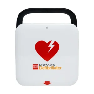 defibrylator AED LIFEPAK CR2 półautomatyczny z widocznym przyciskiem wstrząsu i elektrodami QUIK-STEP