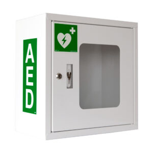 Szafka wewnętrzna metalowa aed kluczyk alarm – skrzynka ścienna Supron 3 z alarmem i zbij szybkę